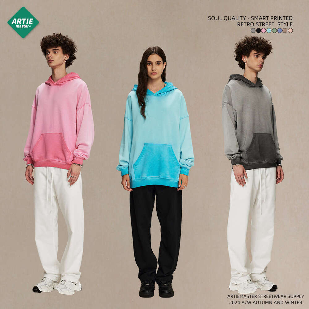 2024 autumn and winter new product 430g reverse bottom stir fried color distressed hooded sweatshirt trendy brand thin washed water men's hoodie