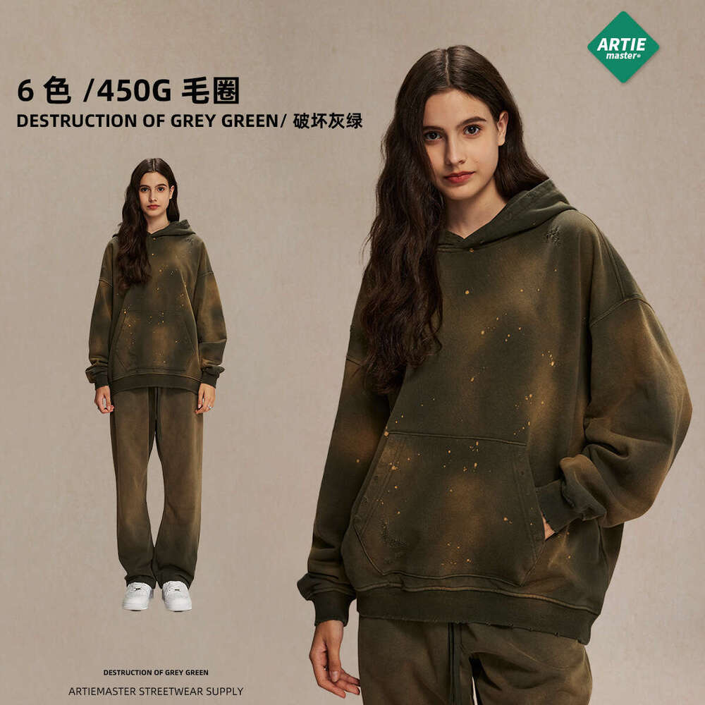 2024 Autumn/Winter New Product 450g Spray Dyeing Ink Piercing Old Street Trendy Brand Retro Men's Hoodie