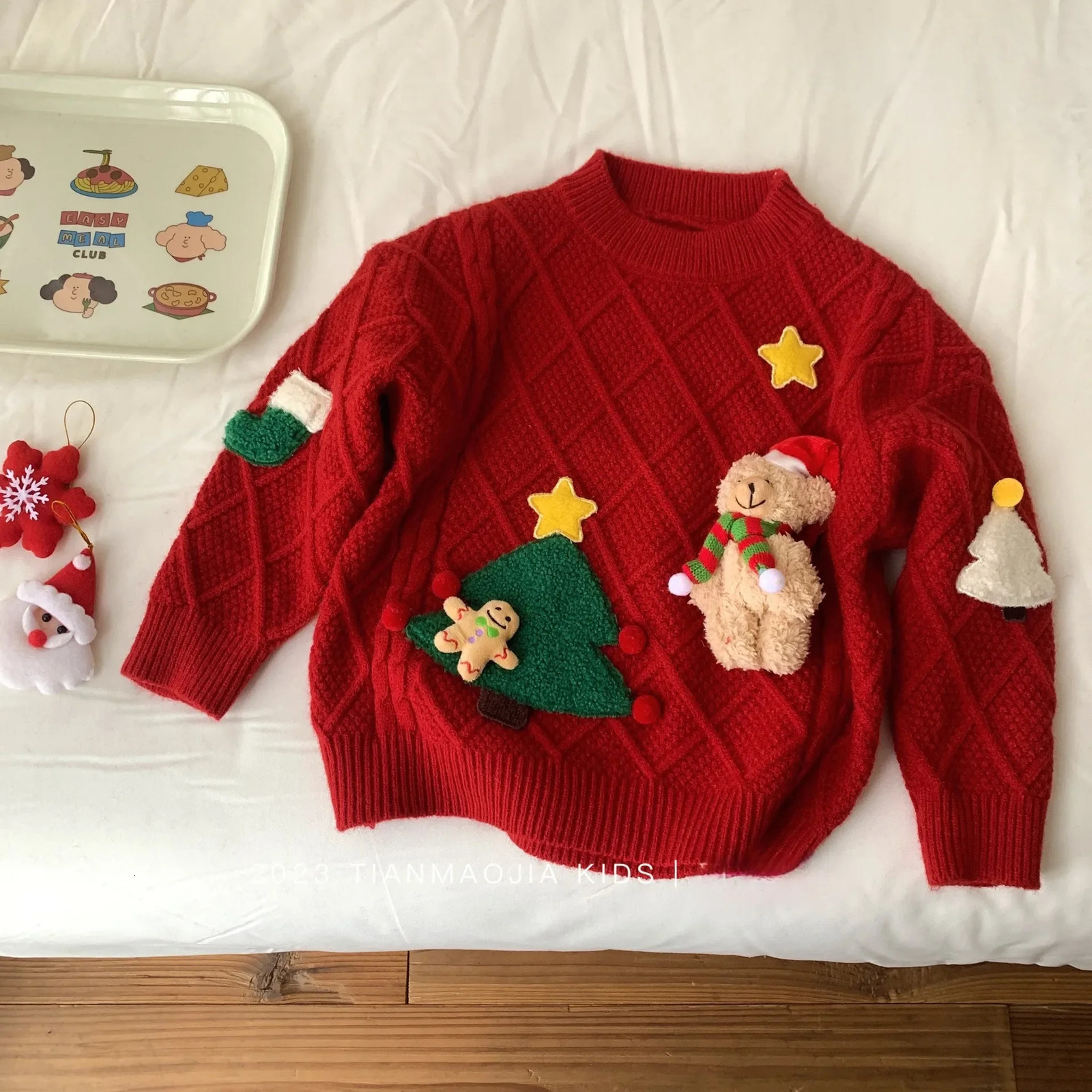 Childrens Red Checkered Sweater Year Greetings Autumn and Winter Christmas Knitted Sweater Winter Warm Bottom Pants 241210
