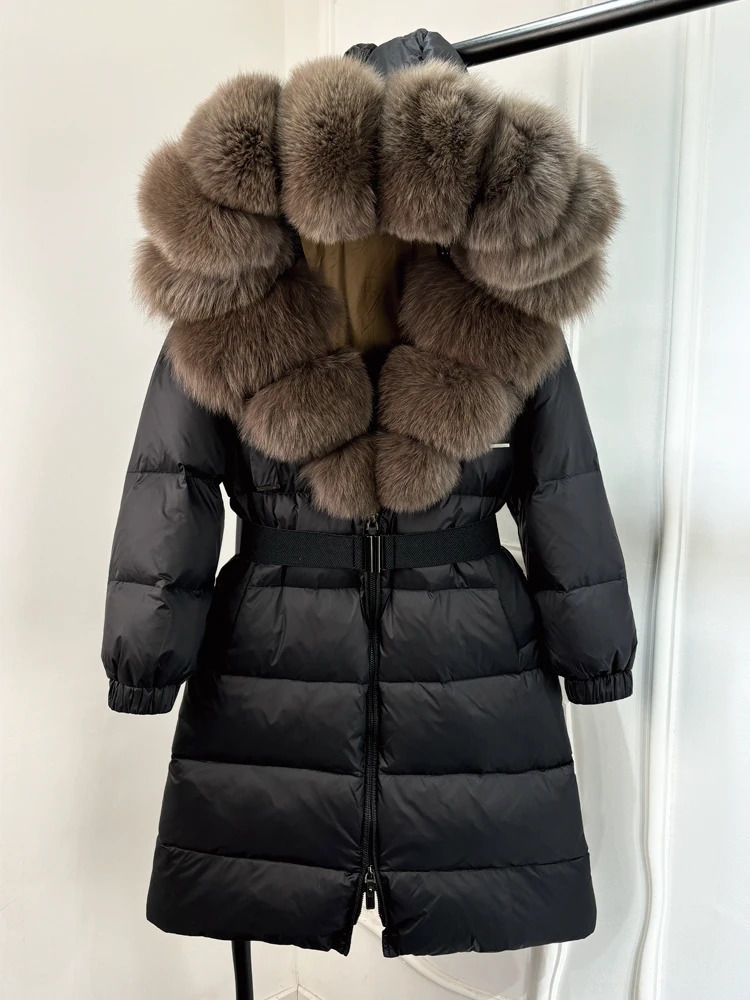 Janveny Natural Thick Warm 90 White Duck Down Jacket Long Winter Womens True Big Fur Collar Loose Puffer Parka 241209