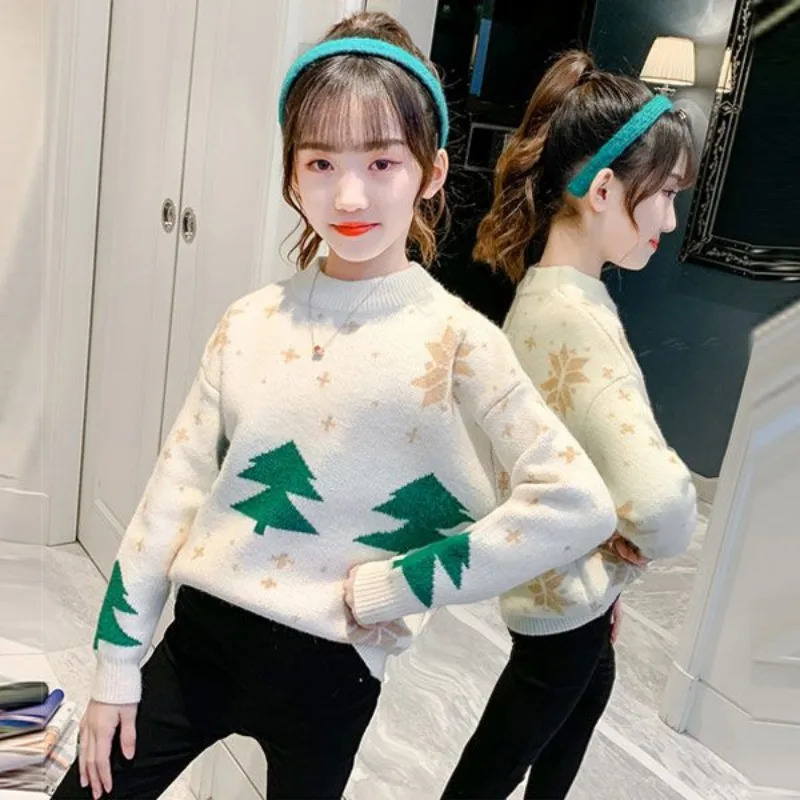 Girl Sweater Picking Autumn Winter Childrens Thick Fashion Christmas Sweater Girl Winter Children 7 8 10 11 12 Years Old 241210