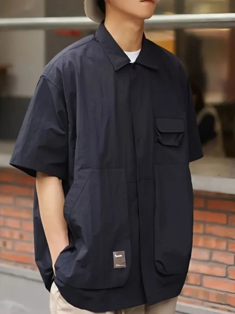 Cityboy Pocket Cargo Shirt Mens 2023 Summer Hunting Style Solid Color Collar Single Chest Short Sleeve Loose 241209