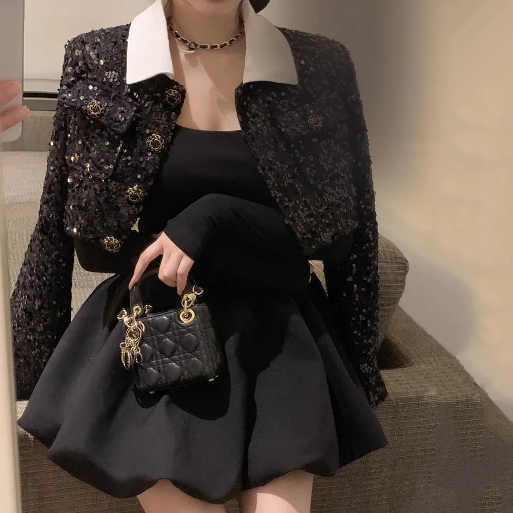 Korean Style Small Fragrance Wind Jackets For Ladies Fashion Sequin Tweed Short Coat Tops Women Spring Autumn y Outerwear 241209