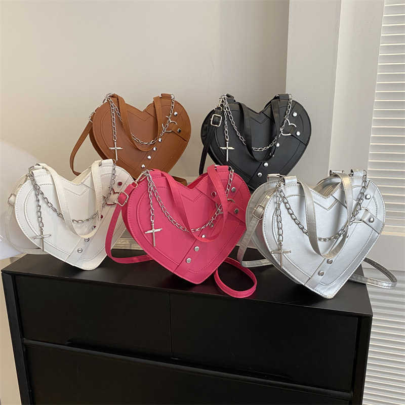 Peach Heart Rivet New Trendy Fashion Personality Spicy Girl Chain Handheld Cross Shoulder Underarm Love Bag for Women