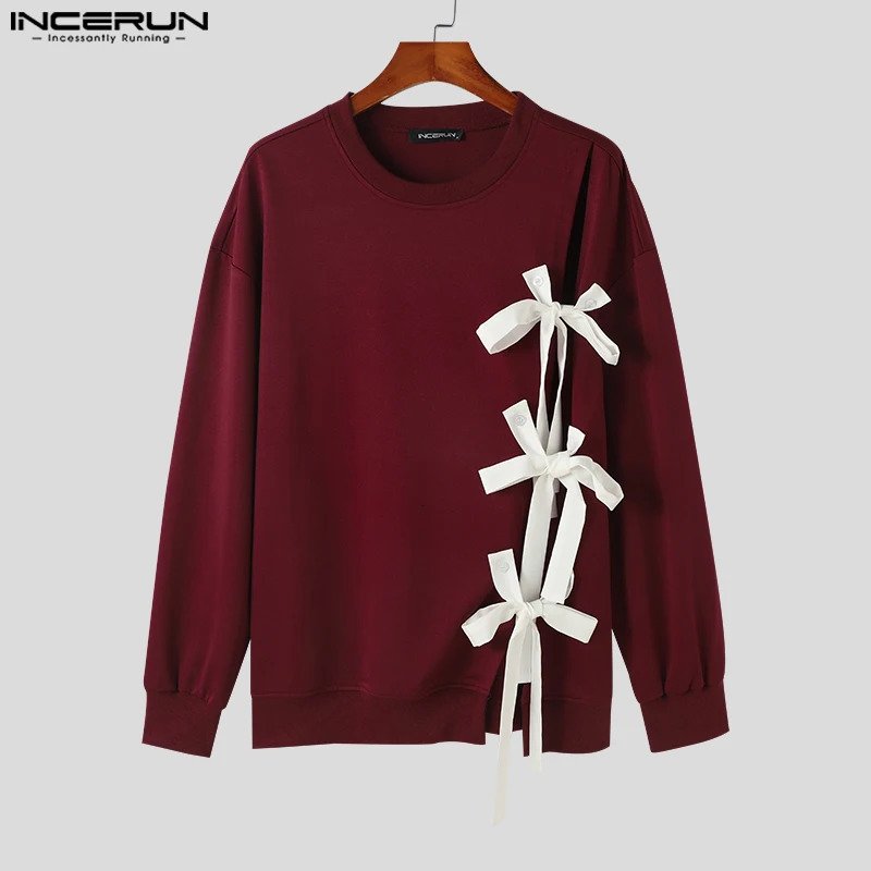 INCERUN Tops Korean Style Fashion Men Oneck Bow Ribbon n Sweater Casual Streetwear Solid Long Sleeved Pullovers S3XL 241209