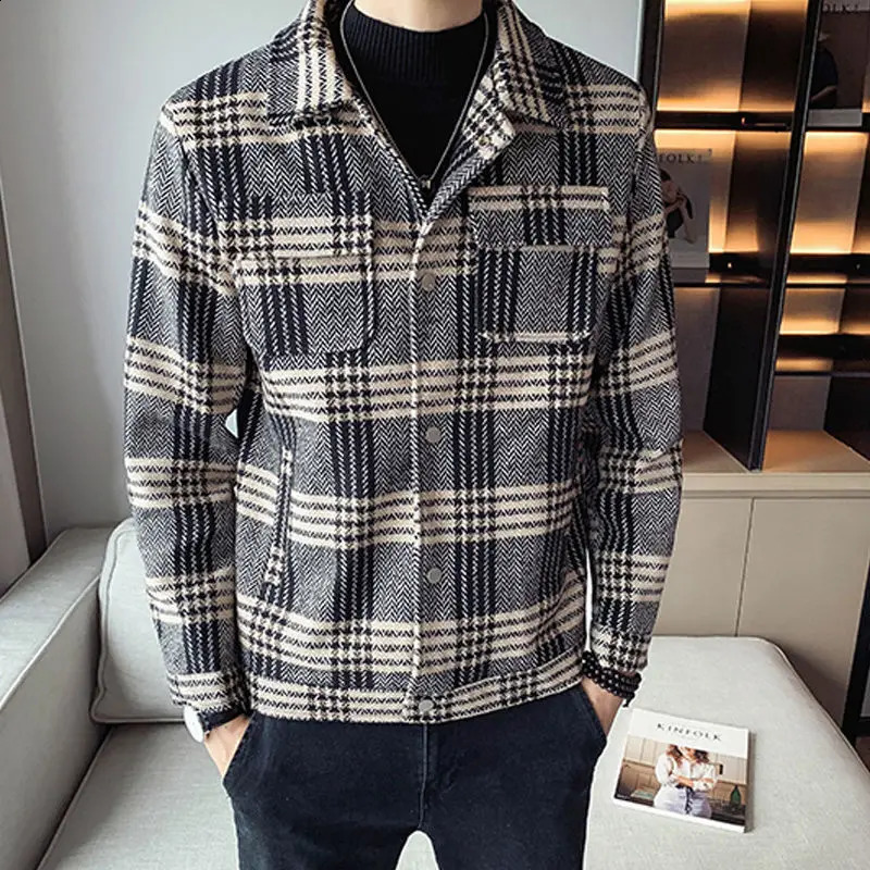 Man Coat Plaid Wool Blends Winter Sales of Short Slim Fit Jacket for Men Korean Reviews Many Harajuku y ner Trendy 241210