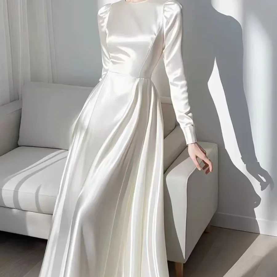2024 Autumn Ele Satin Womens Long Sve Dress Round Neck White French Midi Skiing Womens A-Line Evening Dress N1013-1 W241210