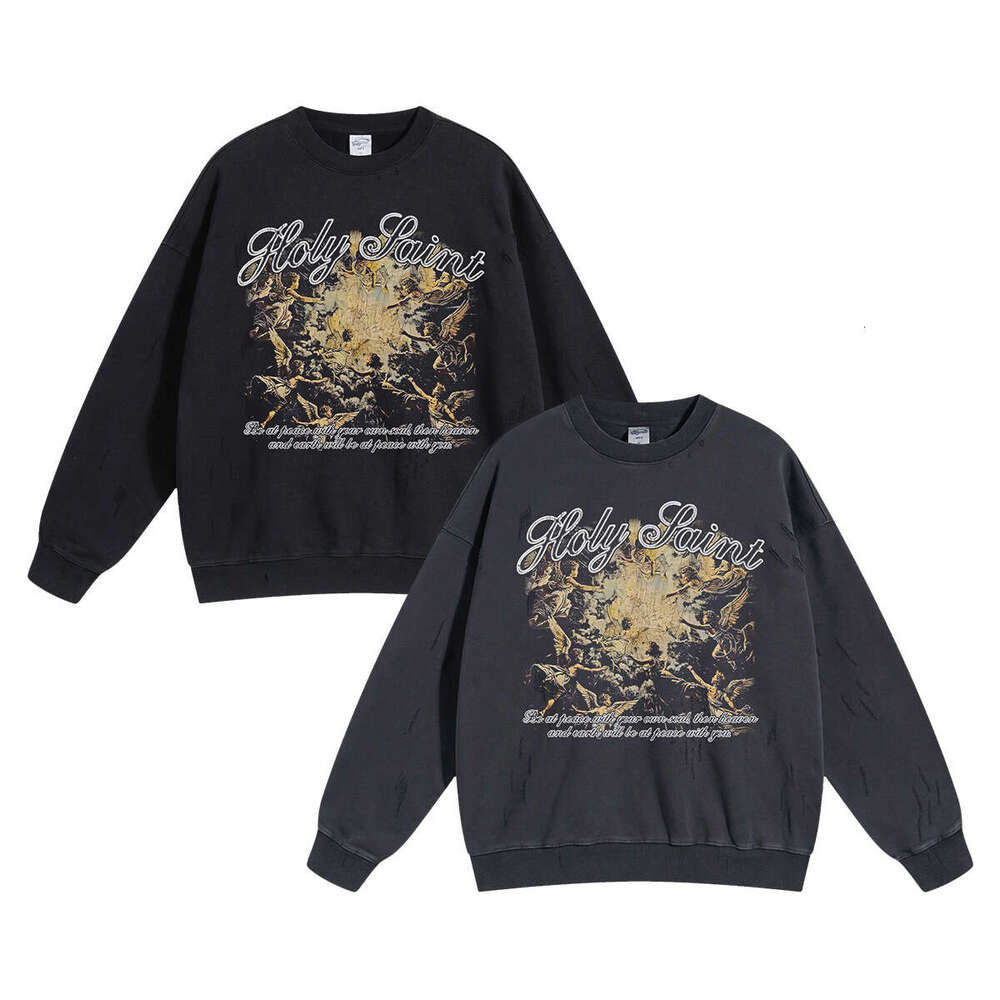 2024 New Street Trendy Brand Retro Printed for Men, 430g Grinding Edge, Broken Hole, Washed Water to Make Old Round Neck Men's Hoodie