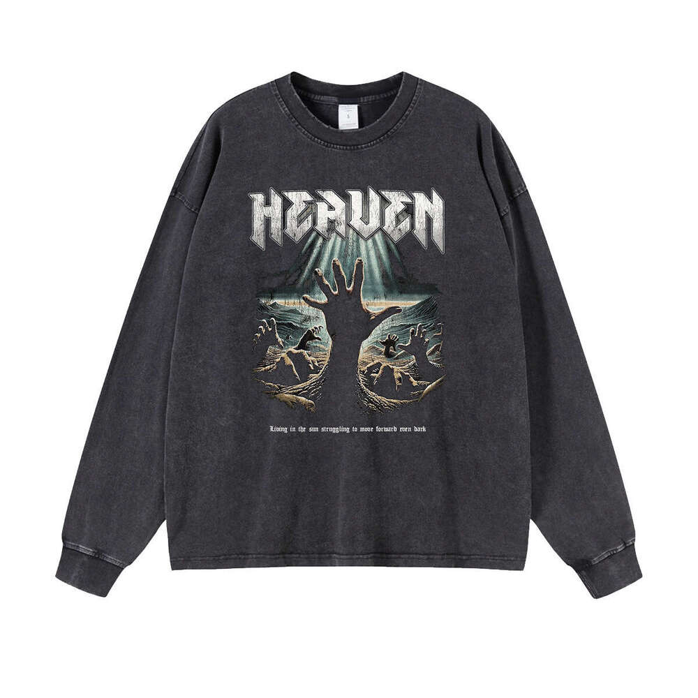 2024 Autumn 250g Wash Water Grinding Edge Round Neck Long Sleeve T-shirt for Men's Street Trendy Brand Retro No Touch Printed T