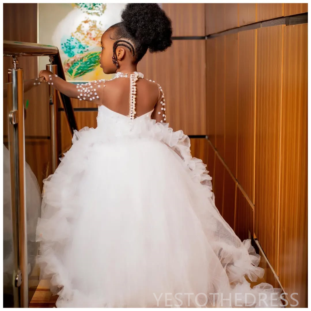 2025 Cute Ivory Flower Girl Dresses Girls Birthday Dress Communion Gowns High Neck Long Sleeves Illusion Pearls Bead Lace Tiered Tulle Princess Marria