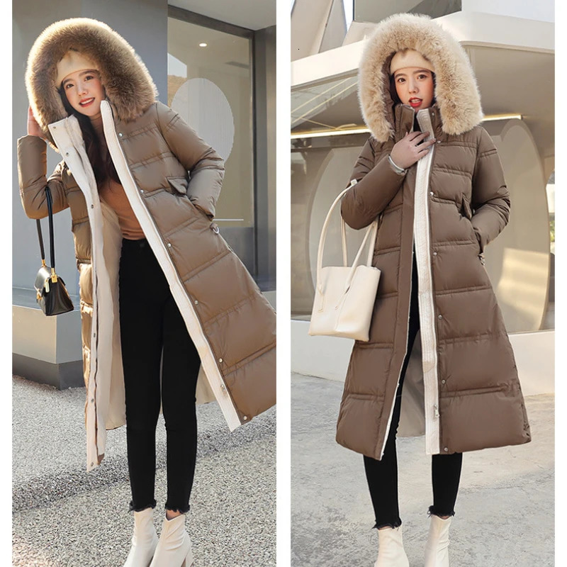 2024 Winter Cotton Parkas Jacket Womens Xlong Faux Fur Collar Apron Thick Loose Large 241212