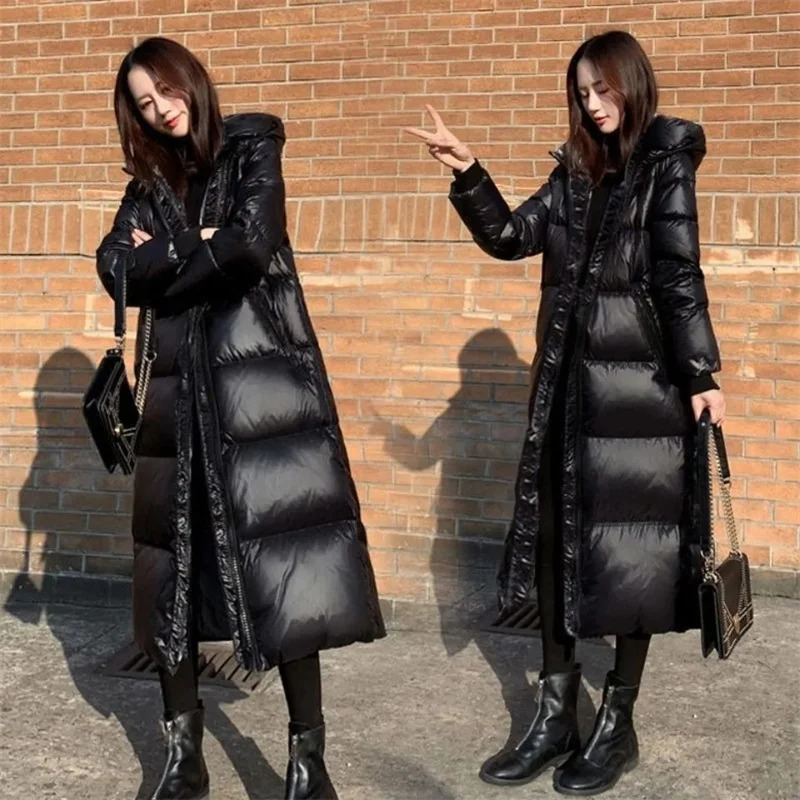 Korean Lady Long Bright Puffer Coat Autumn Winter Female Large Size 4XL Warm Down Cotton Jacket Women Black Parka Sown Wear 241209