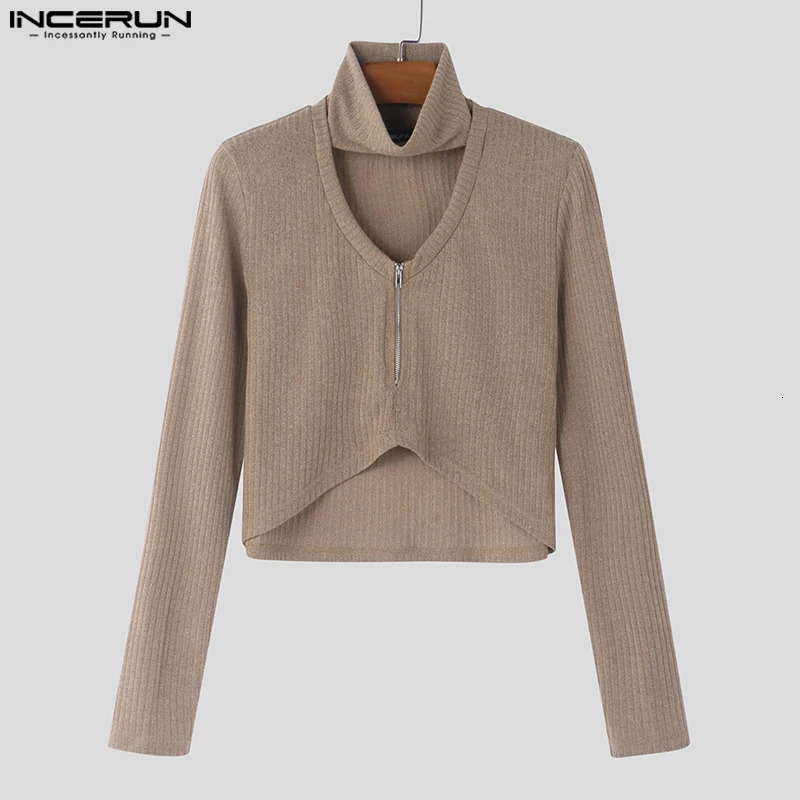 Stylish Well Fitting Tops INCERUN Mens Knitted Texture Cropped Pullovers Streetwear Solid Hollowed Zipper Long Sleeved Sweaters 241209
