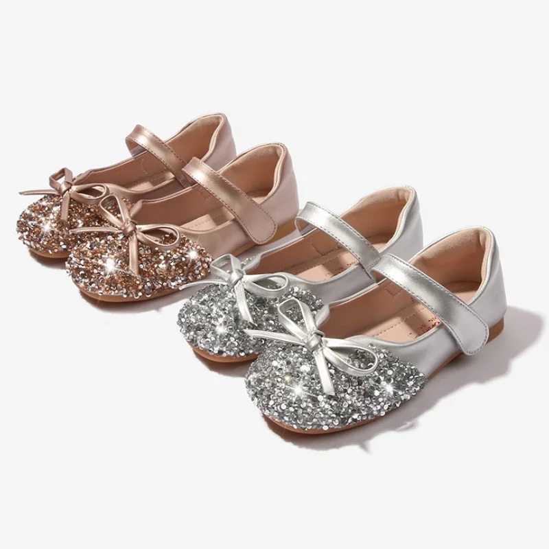 New Girl Shoe Fashion Crystal Princess Shoe Versatile Sweet Kid Shoes Exquisite Elegant Flat Shoe Soft Sole Comfort Single ShoesXJ241209