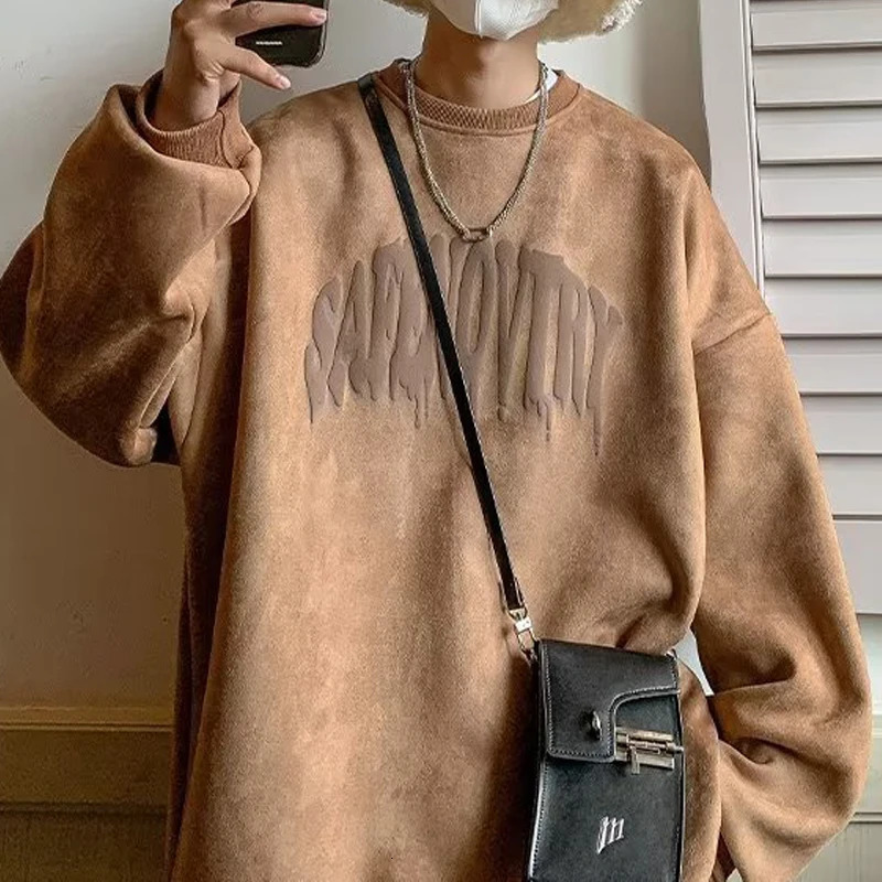 Men Trendy Vintage Sueded Letter Print Oversize Streetwear Sweatshirt Y2K Casual Round Neck Long Sleeve Pullover Hip Hop Hoodies 241209
