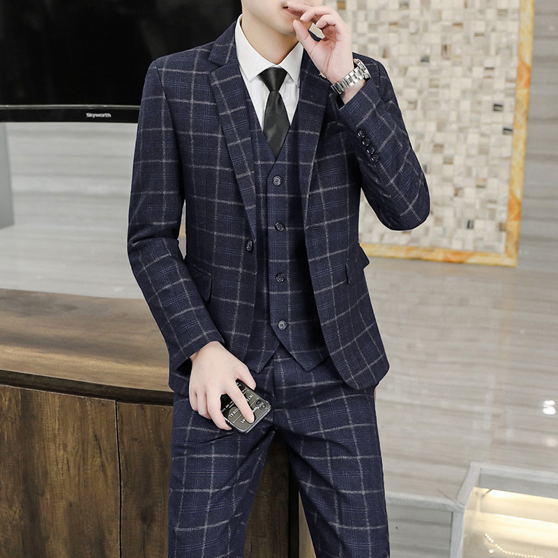 L155 Plaid suit men's three-piece suit Korean style slim small suit men's best man clothing groom wedding dress