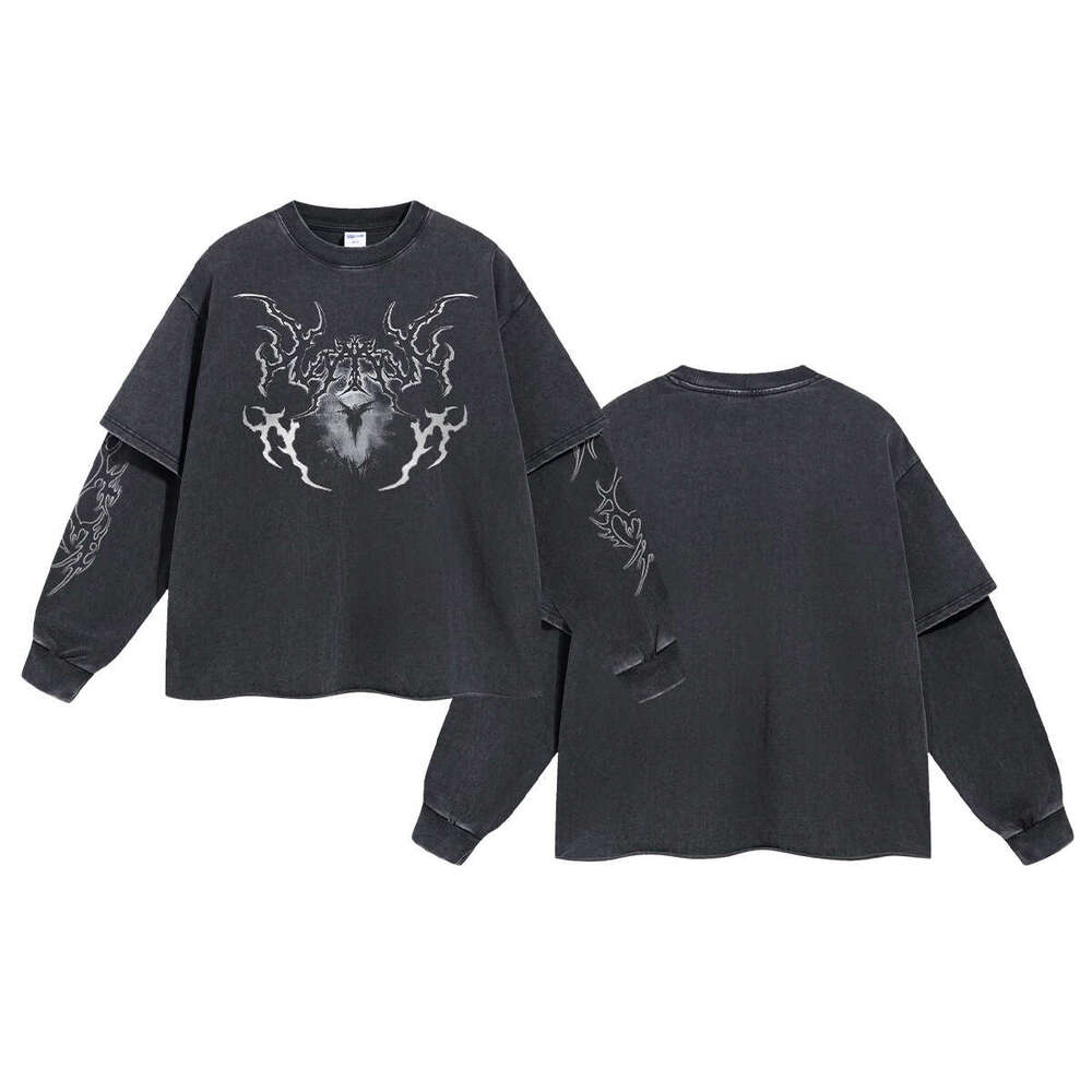 2024 Autumn Brand Retro Fake Two Piece Curled Edge Printed Long Sleeve T-shirt for Men Doing Old Stir Fry Snowflake Wash Water Street Trendy T