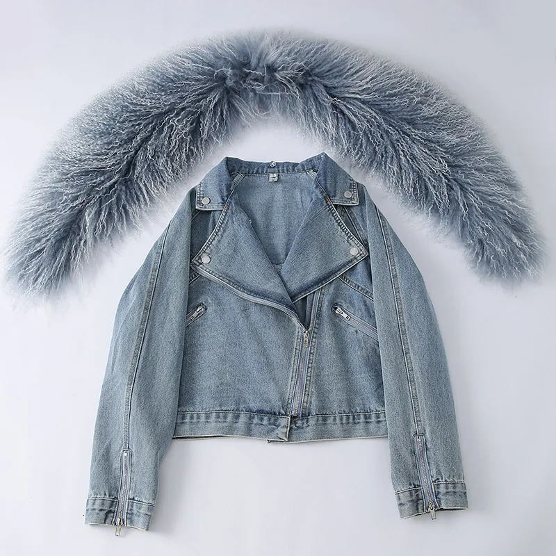 comer Fluffy Genuine Mongolian Fur Denim Jacket Womens Big Neck Natural Coat Fashion 241209