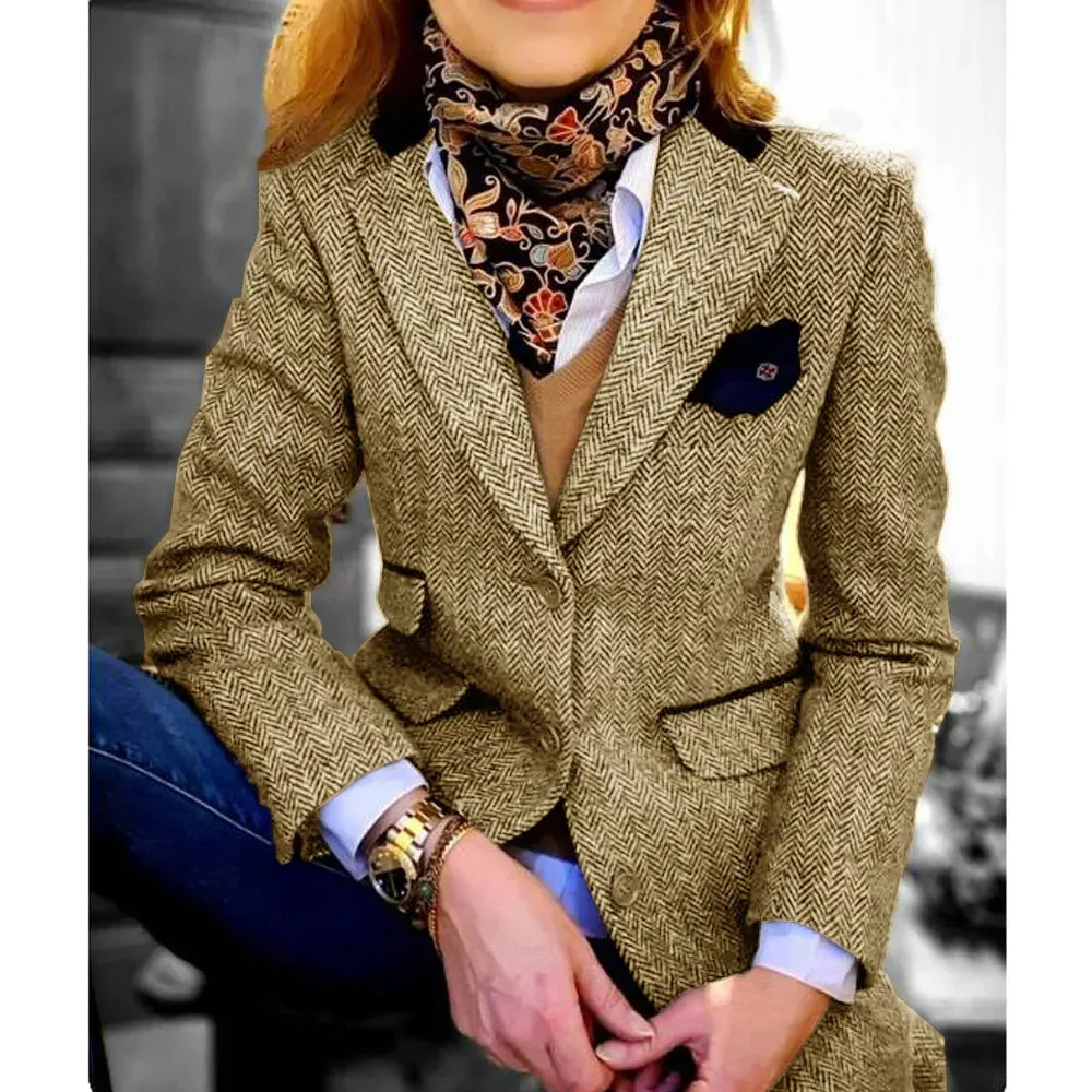 Customized Street Power Women's Jacket Herringbone Blazer Single-breasted Flap Pocket Business Suits One Piece