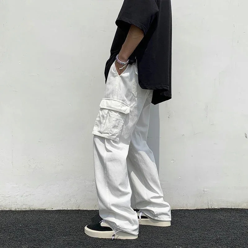 Cargo Pants for Men Wide Summer Trousers Man White Straight Street Big Size Nylon Cotton Regular Fit Harajuku Slacks Large Baggy 241209
