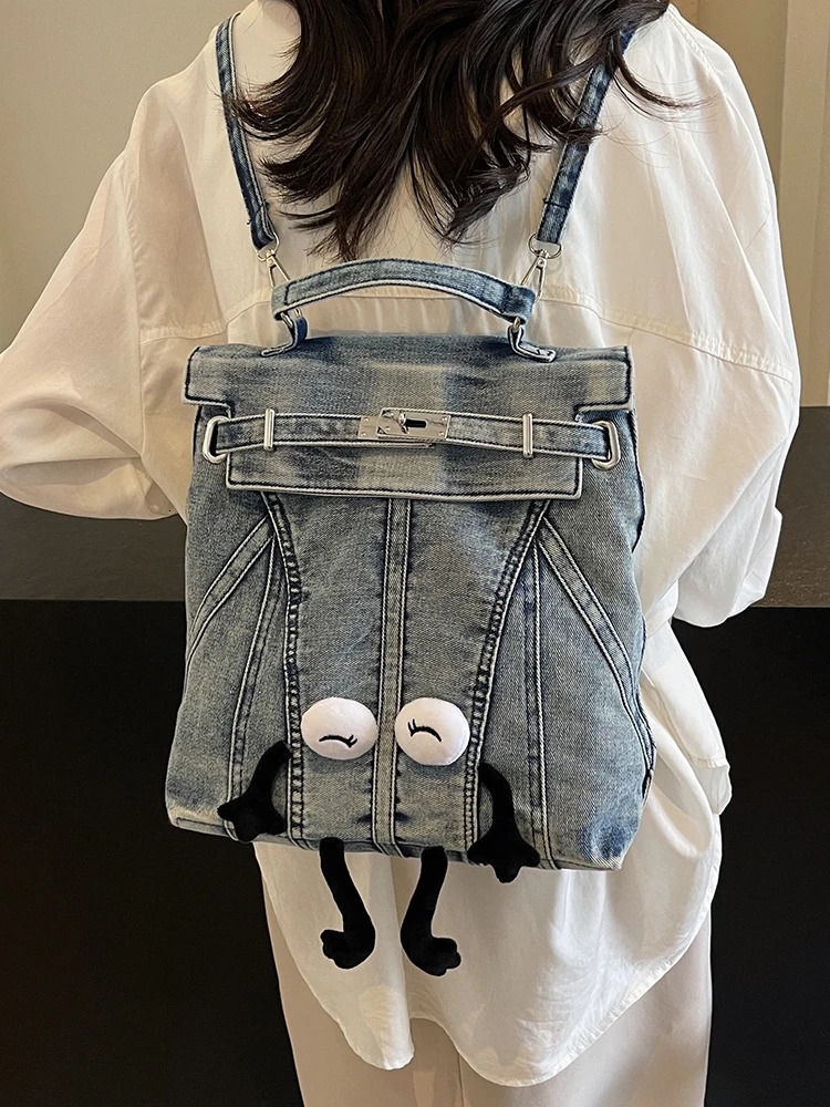Big denim teenage backpack Rucksack fashionable girl backpack womens shoulder bag high school backpack black Mochila241209