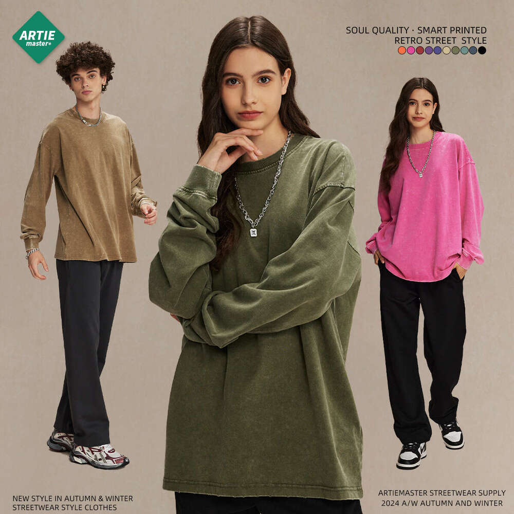 2024 Autumn/Winter New Trendy Brand Heavy Weight 275g Retro Wax Printing Water Washed Sleeve T-shirt Men's Round Neck Couple Top Long T