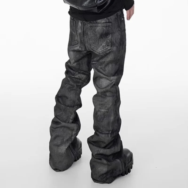 HKSH Mens Dark High Street Wide Leg Legged Denim Pants Waxed Brush Glue Micro Flare Jeans Fashion Chic Trousers HK27 241209