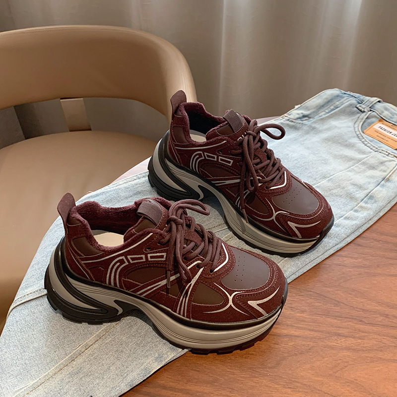 Women Sports Shoes:Thick Sole New Version Fashion Design Popular Casual Running Shoes Trendy Sneakers,Red/Coffee,Free shipping
