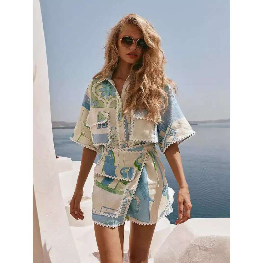 Vintage Print Casual Shirts Loose Women Tops And Mini Skirts Suit Elegant Fashion 2 Piece Sets Female Chic Outfits Trend Vacation Beach Set