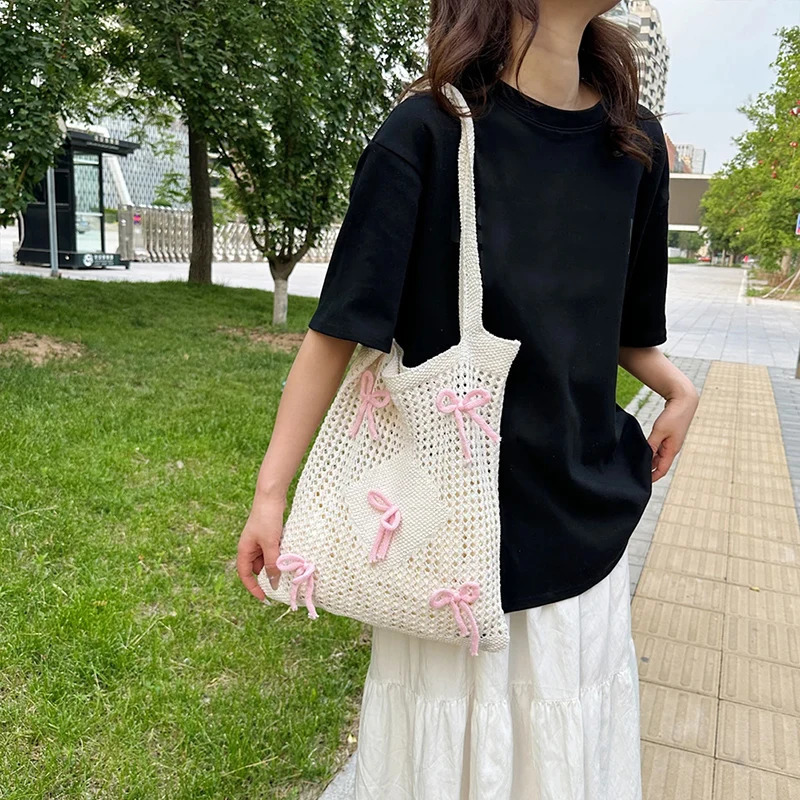 Womens knitted shoulder bag large capacity crochet beach shopping handbag hollow womens homeless bag outdoor travel handbag 241205