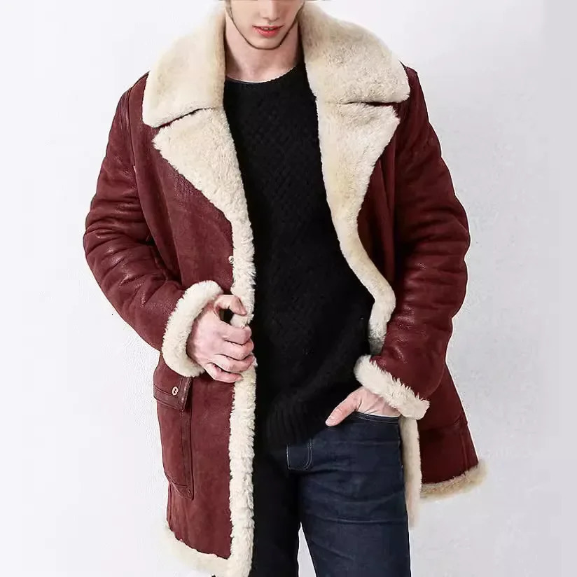 Genuine leather mens jacket style wool mid length with unique collar for autumnwinter warm clothing 241209