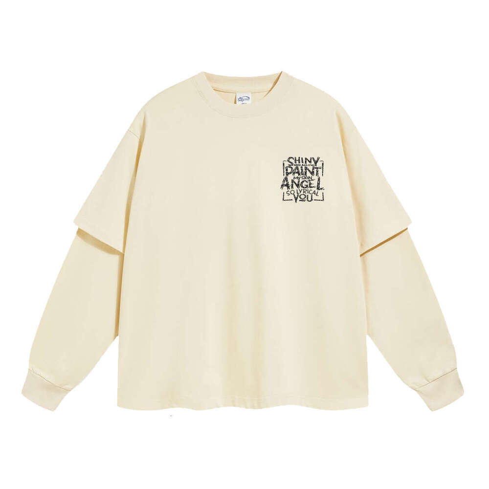 2024 Autumn New Product Oversize Printed 305g Fake Two Piece Splicing Long Sleeve T-shirt Men's Street Trendy American Round Neck T