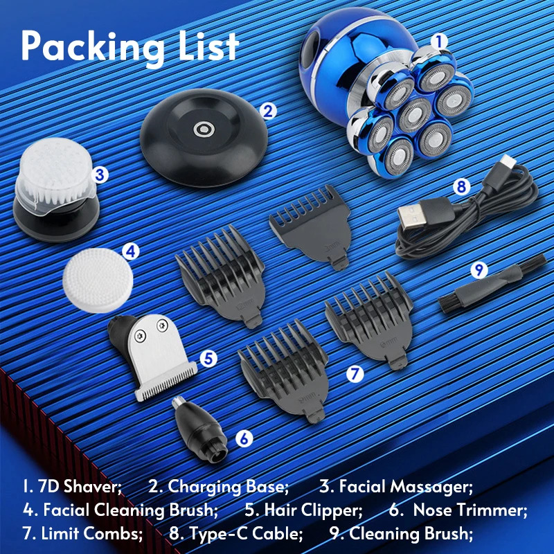 Newest 5-In-1 Shaver 7D Ating Cutter Head Bald Hair Clipper Wireless Charging Men Nose Trimmer Electric Beard Razor