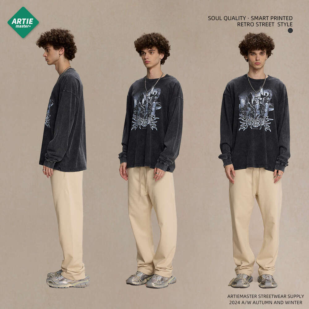 2024 Autumn Retro Edging T-shirt for Men, Digital Direct Spray, Non tactile Round Neck, Men's Long Sleeve