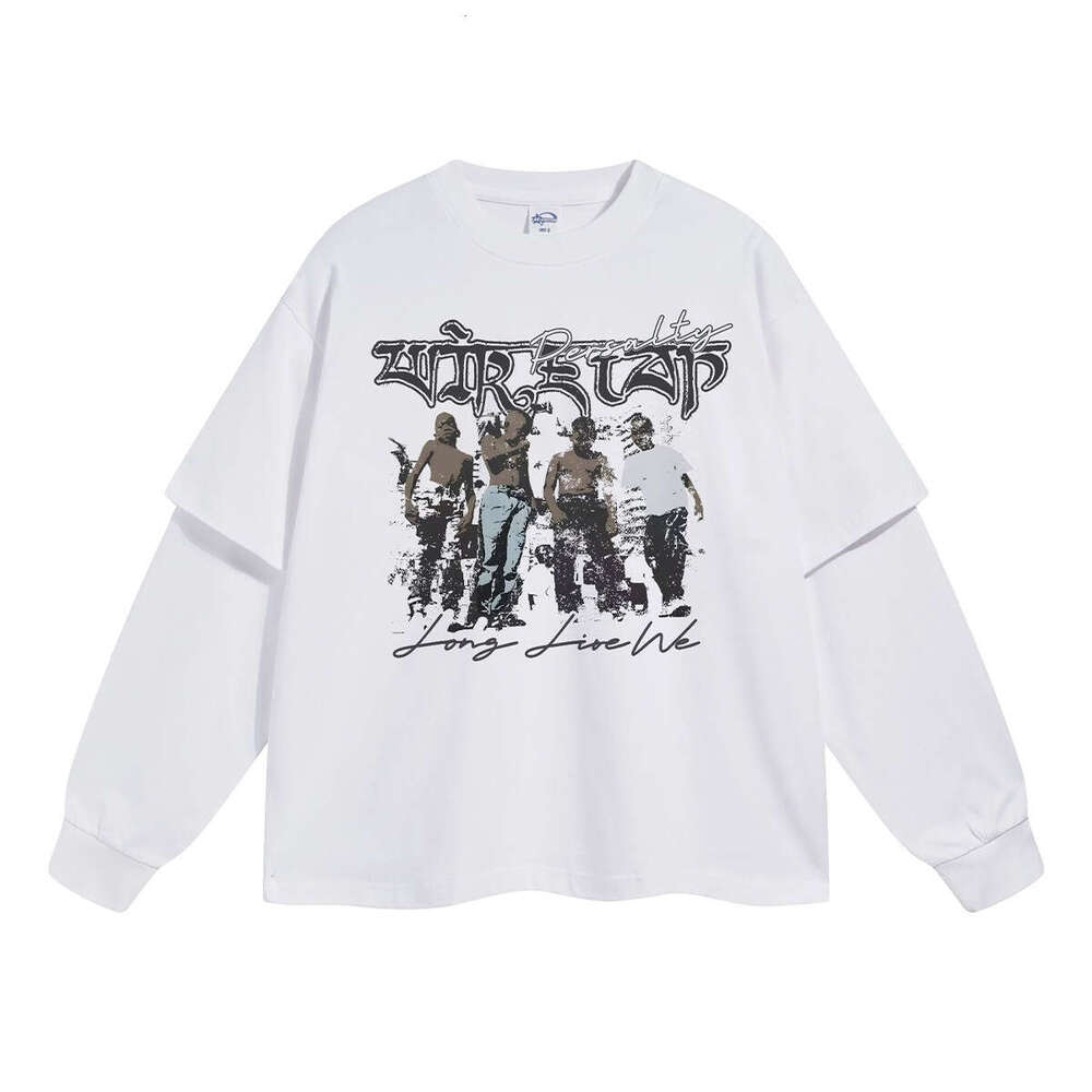 2024 Autumn New Product Trendy Brand Cotton Fake Two piece Sleeve T-shirt Men's Loose Printed Bottom Shirt Long T