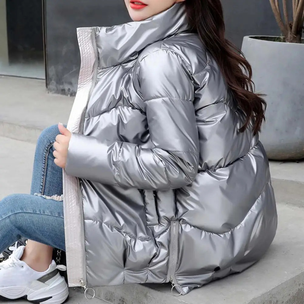 Winter womens coat solid color long sleeved side zipper high and low hem jacket bright surface stand up collar inflatable 241209