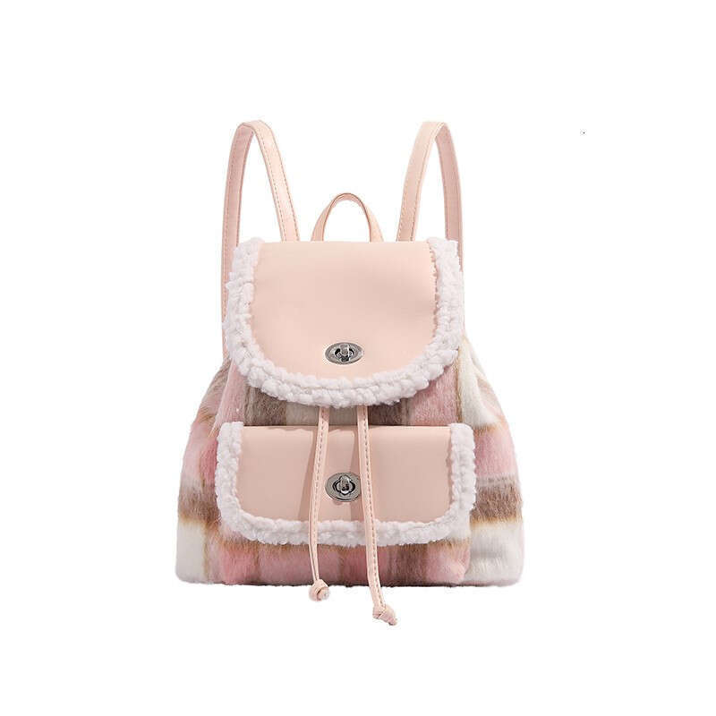 Fall/Winter Plush plaid for Women 2024 New Pink Cute Student Versatile Commuter Backpack