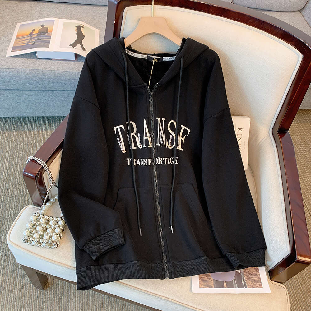 Plus-Size Women's Fall/Winter Casual Commute Loose Comfortable Cotton Jacket Black Letter-Print Zipper Hooded Long-Sleeved Top