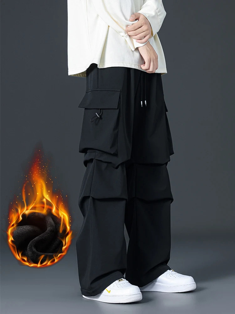 Winter Cargo Pants Men Fleece Liner Thick Warm Straight Casual Pants Big Size 8XL 7XL 6XL Wide Leg Loose Thermal Trousers 241209