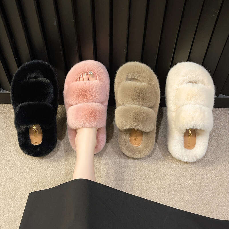 Women Warm Winter Furry Fur Fluffy Plush Home House Indoor Shoes Bedroom Round Toe Slippers Female D164
