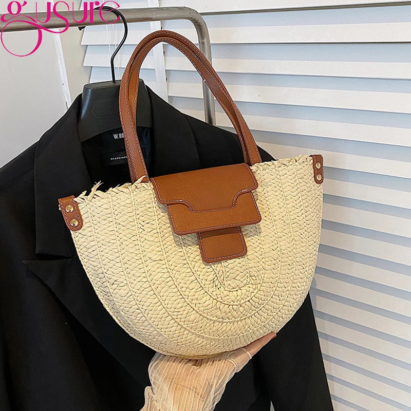 Gussure Bohemian summer straw bag simple Rattan shoulder cross body bag large capacity beach travel handbag 241205