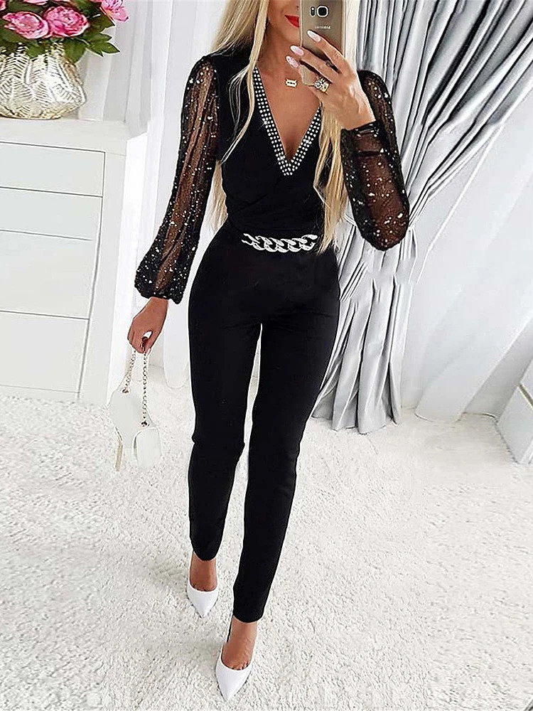 Womens jumpsuit one Vneck full sleeves tight fitting waist casual jacket long pencil pants slim fit 241209