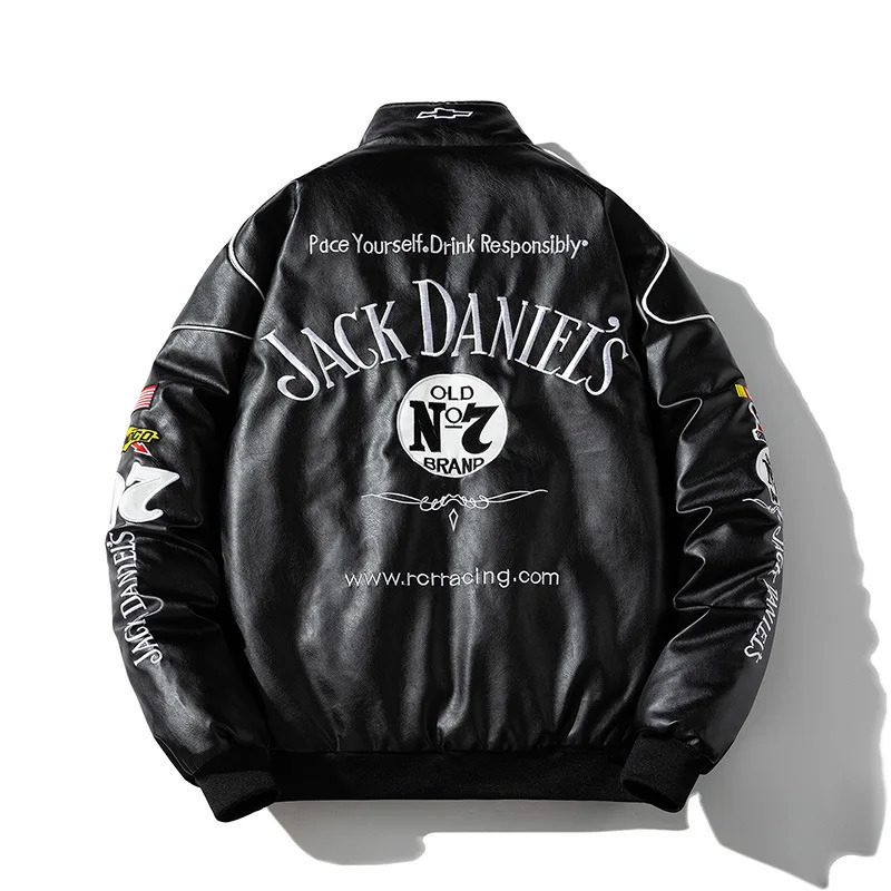 Street Mens Leather Jacket Racing Bomber Cotton Autumn Fashion Embroidery Baseball Collar Handsome Coat
