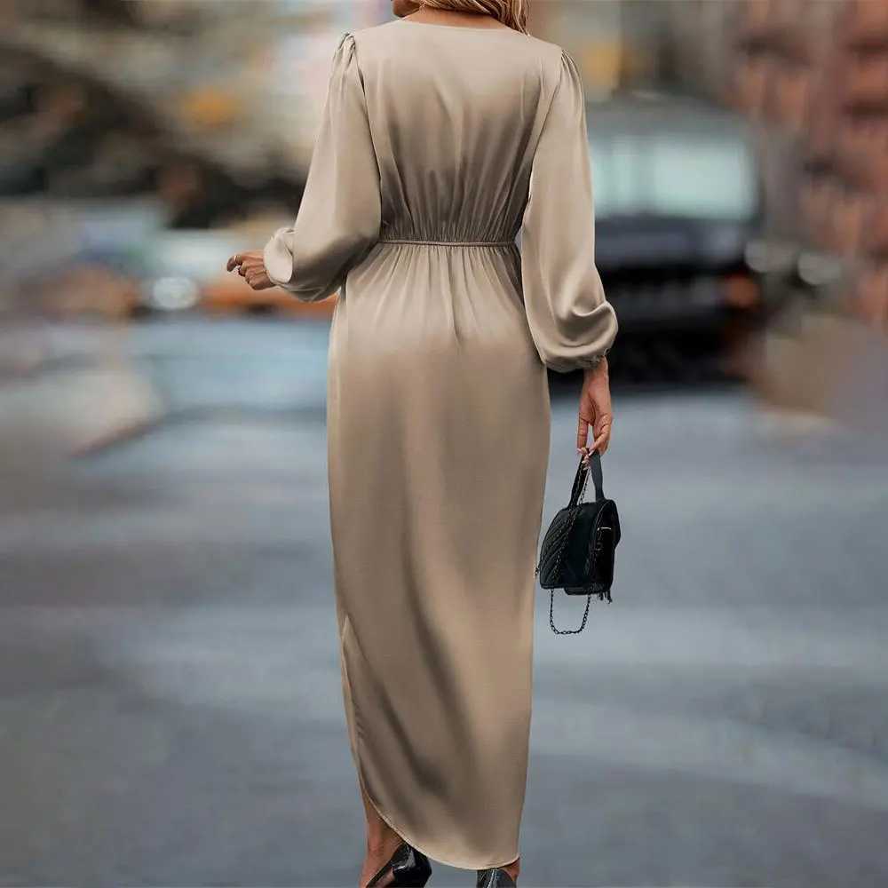 Eve Dresses, Flowy Women's Maxi Dress with Necklace Detail, Elegant Wrinkle Stitching, Bubble Sleeve Design, Irregular Hemline, Perfect for Autum