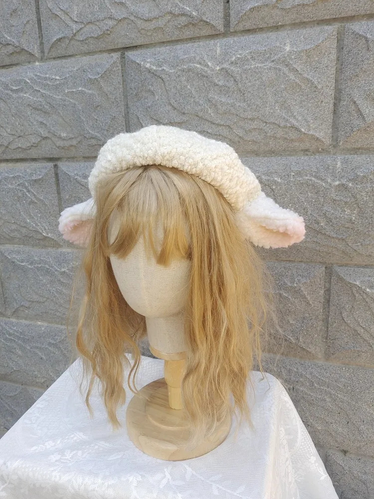 Original handmade cute Lolita lamb ears for autumn and winter beret milk white hat 241209