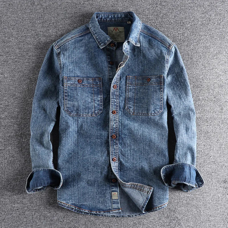 Retro mens goods snowflake washed hard denim shirt thick and thin cotton uniform light casual work hunting top 241209