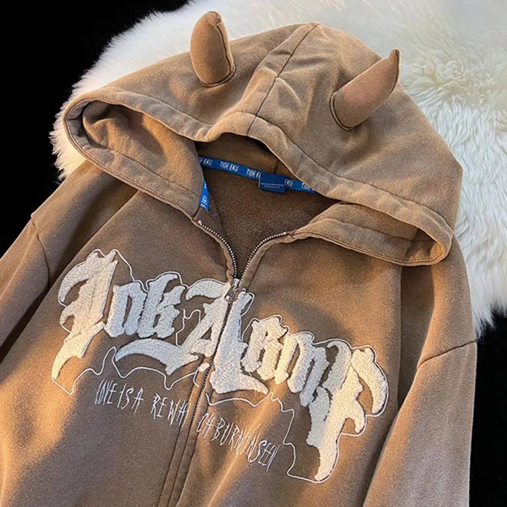 Devil Horns Hoodies Zip Up Letter Pattern Loose Sweatshirt Autumn Hooded Sweatshirt Zipper Long Sleeve Coat Women Outerwear 241209