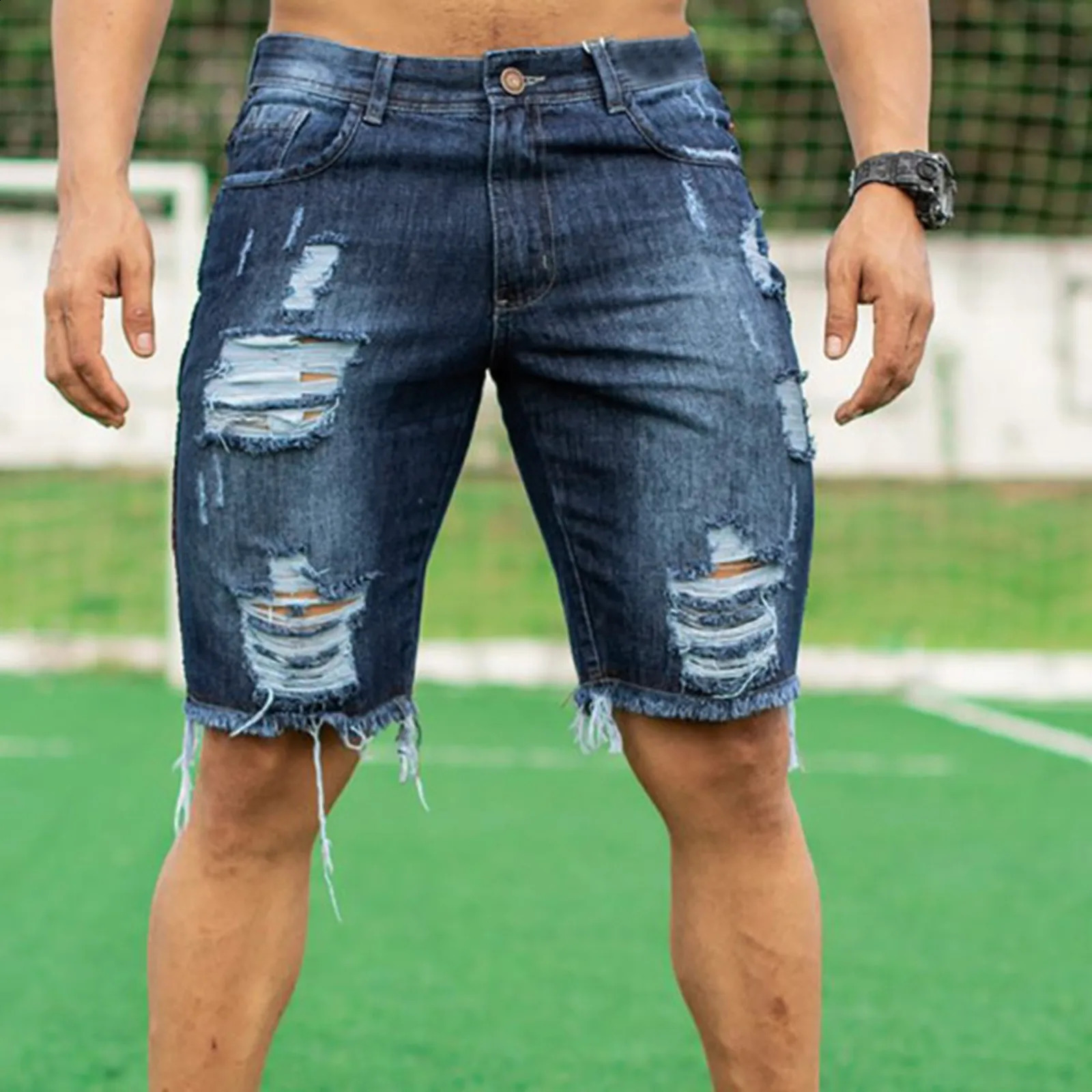 Mens Fashion Ripped Jeans Shorts Summer Casual Denim Shorts Mens Pocket Sports Summer Bodybuilding Denim Short Pants Jeans 241210
