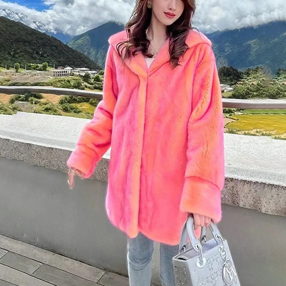 Online celebrity explosion faux fur fashion hooded coat temperature womens winter goddess casual color loose mink coat 241202
