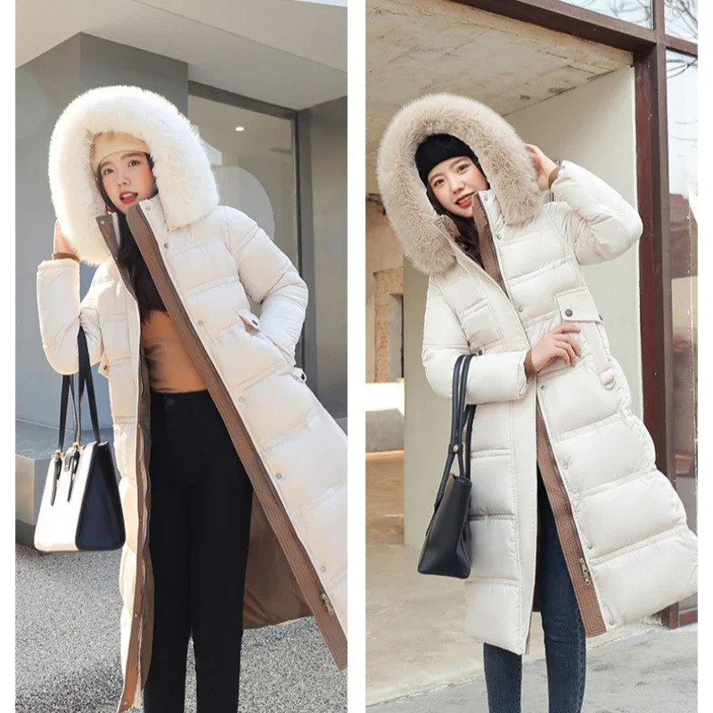 2024 Winter Down Cotton Parkas Jacket Womens XLong Faux Fur Collar Padded Thick Loose Large Size 241220